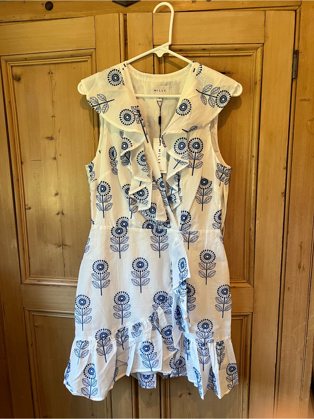 Milly White Mini Dress With Blue Floral Print And Ruffled Collar